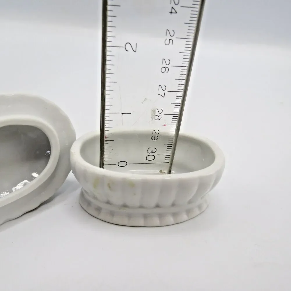 Unbranded Mini Porcelain Trinket Dish Grey Ribbed w/ Raised Rose